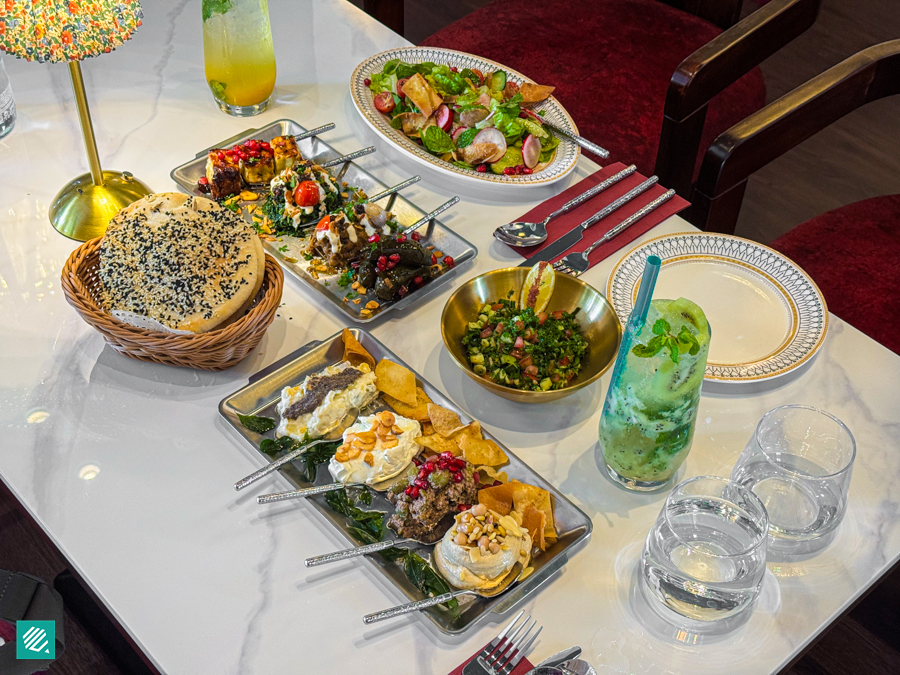 Cold and Hot Mezze Platters at Shirazi Dempsey, with Salad Olivieh, hummus, labneh, Borani Esfenaj, Kashk-e Bademjan, dolma, grilled halloumi and sesame pita