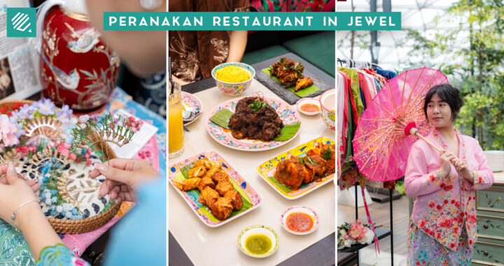 Peranakan dishes at Baba Nyonya Jewel, including Pork Ribs Buah Keluak, with the Rain Vortex in the background