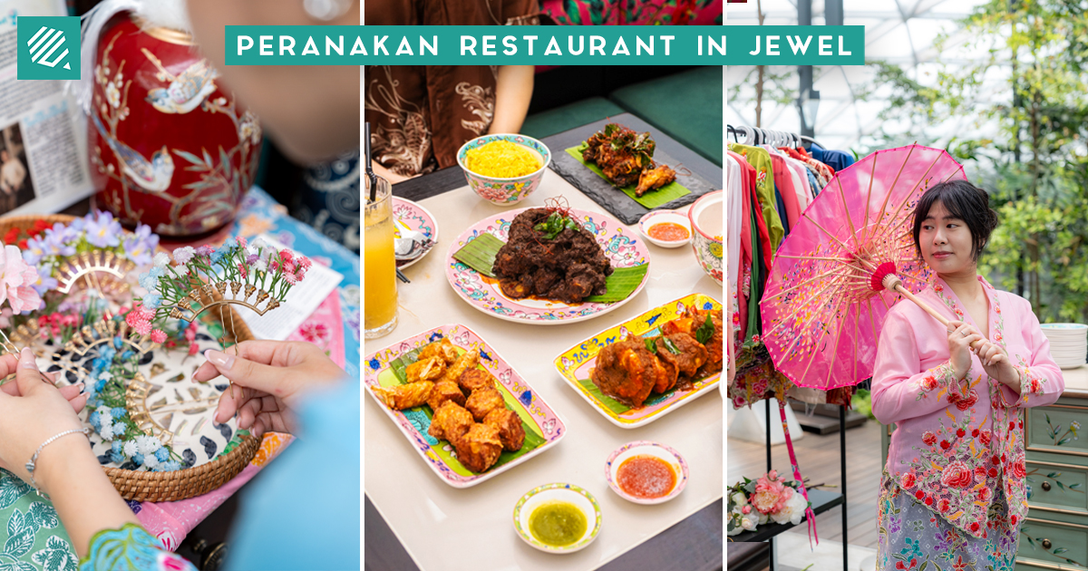 Peranakan dishes at Baba Nyonya Jewel, including Pork Ribs Buah Keluak, with the Rain Vortex in the background